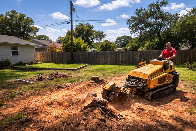 A person operates a yellow tracked stump grinder in a backyard, removing a tree stump amidst wood chips and dirt.