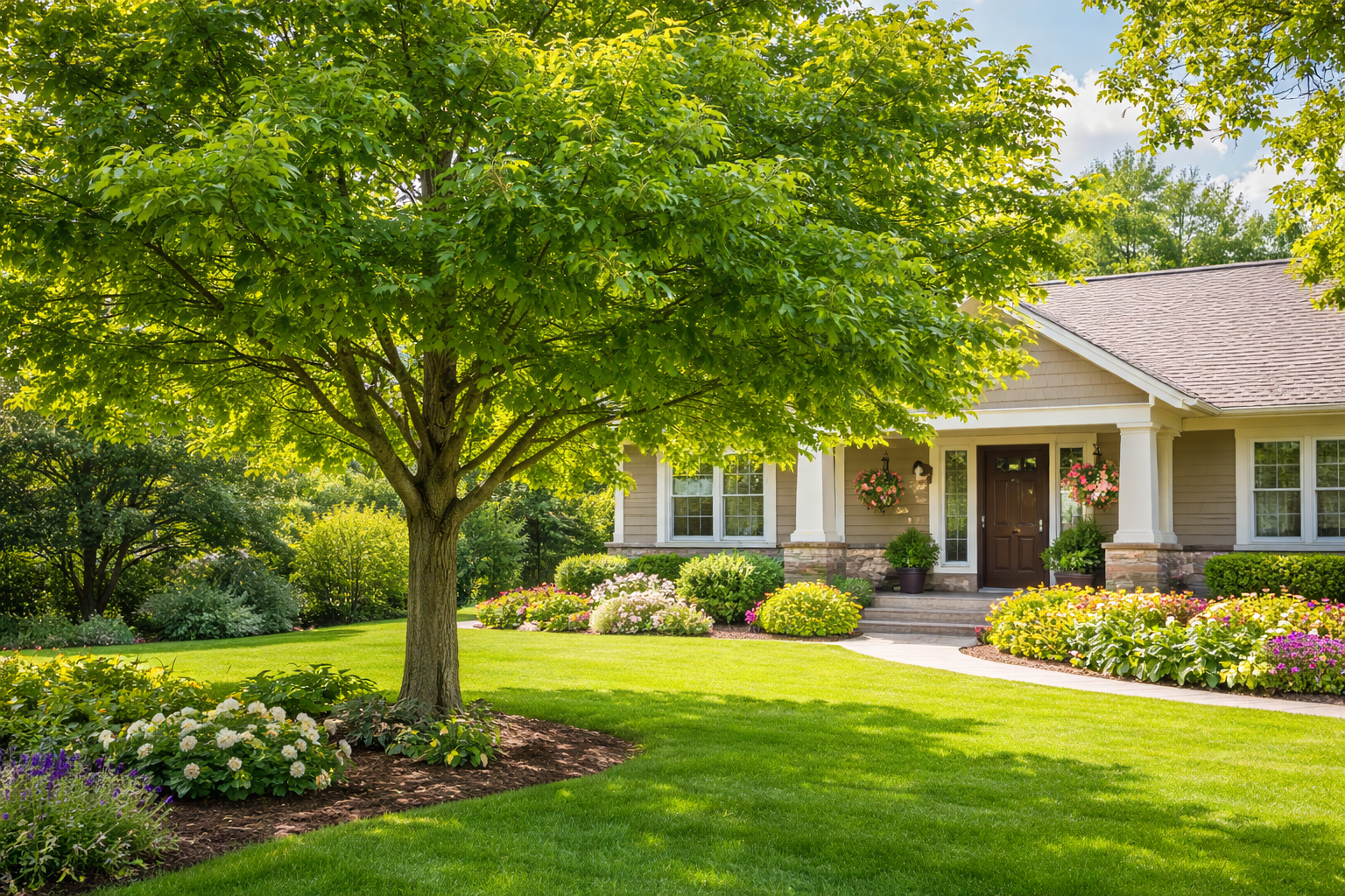 A tan house with a front porch, nestled behind a large, vibrant green tree and landscaped flower beds on a sunny day.