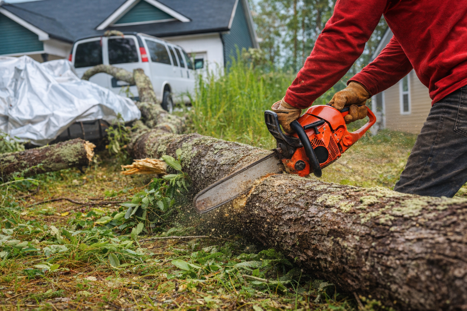 A person in a red shirt and work gloves uses an orange chainsaw to cut a fallen tree trunk in a residential yard.