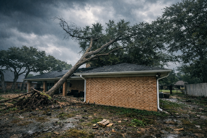 A large fallen tree crushes the roof of a brick house under a dark, stormy sky.