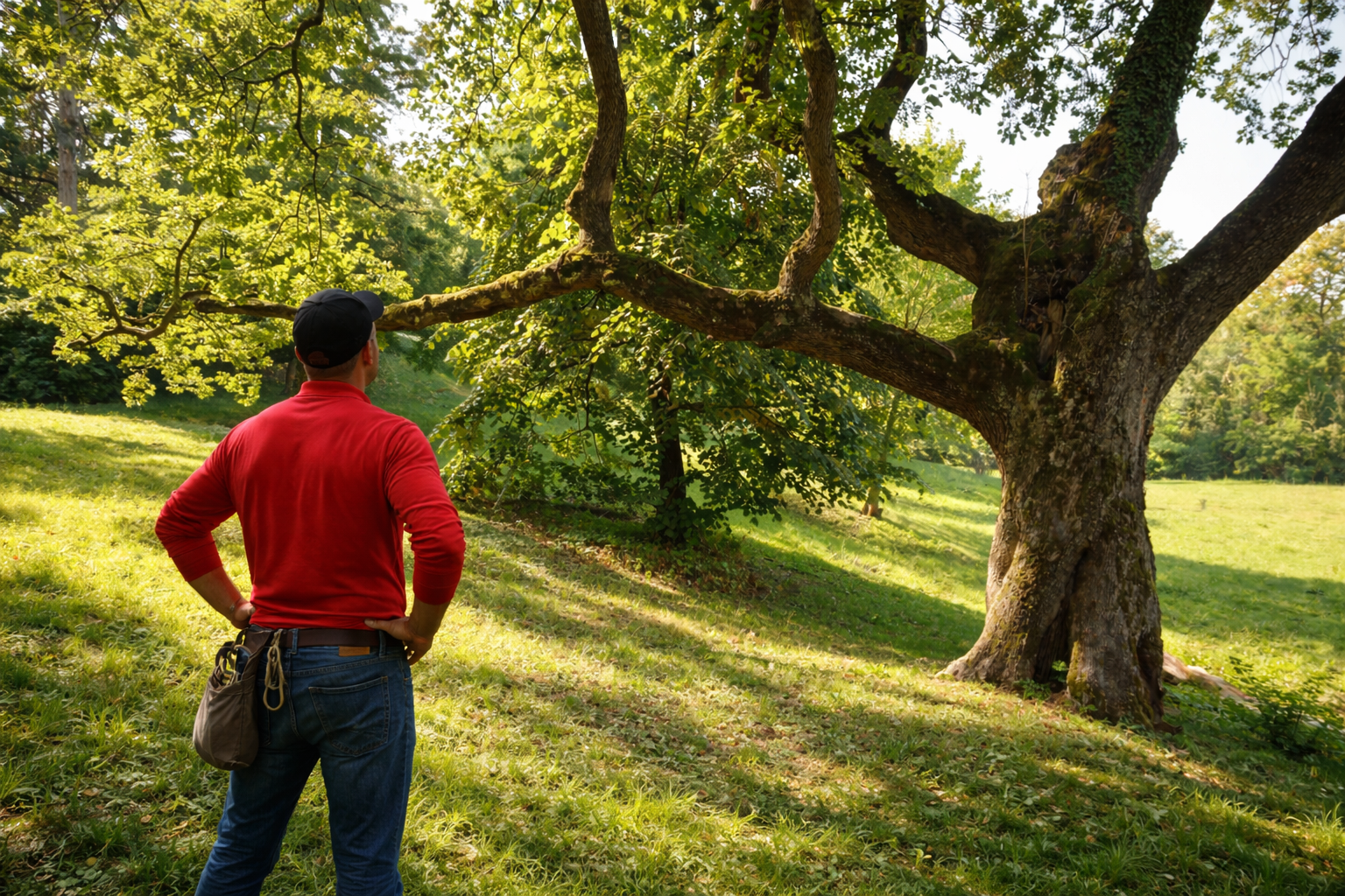 A person in a red shirt and blue jeans stands in a sunny, grassy field, looking up at a large, mature tree.