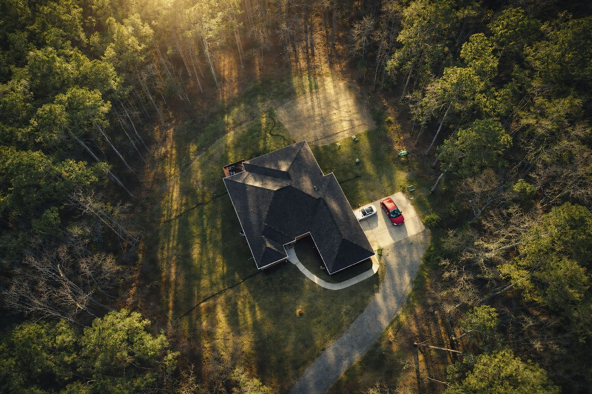 Aerial view of a house nestled in a green forest with a red car parked in the driveway.