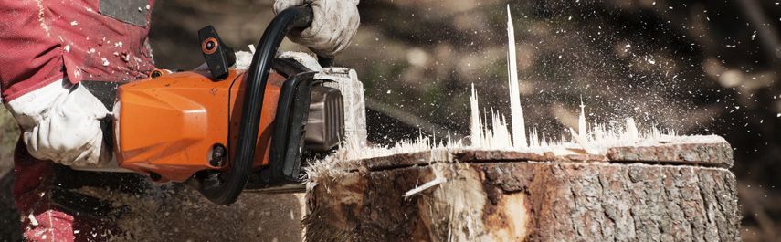 A person uses an orange chainsaw to cut a log, wood chips flying everywhere.