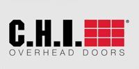 C.H.I. Overhead Doors logo with black text and red grid icon on a white background