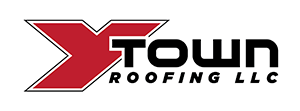 A red and black logo for y town roofing llc