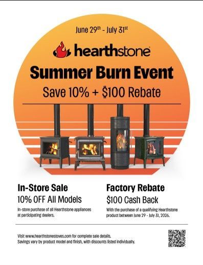 Hearthstone Summer Burn Event ad with orange sun, wood stoves, and “Save 10% + $100 rebate” text