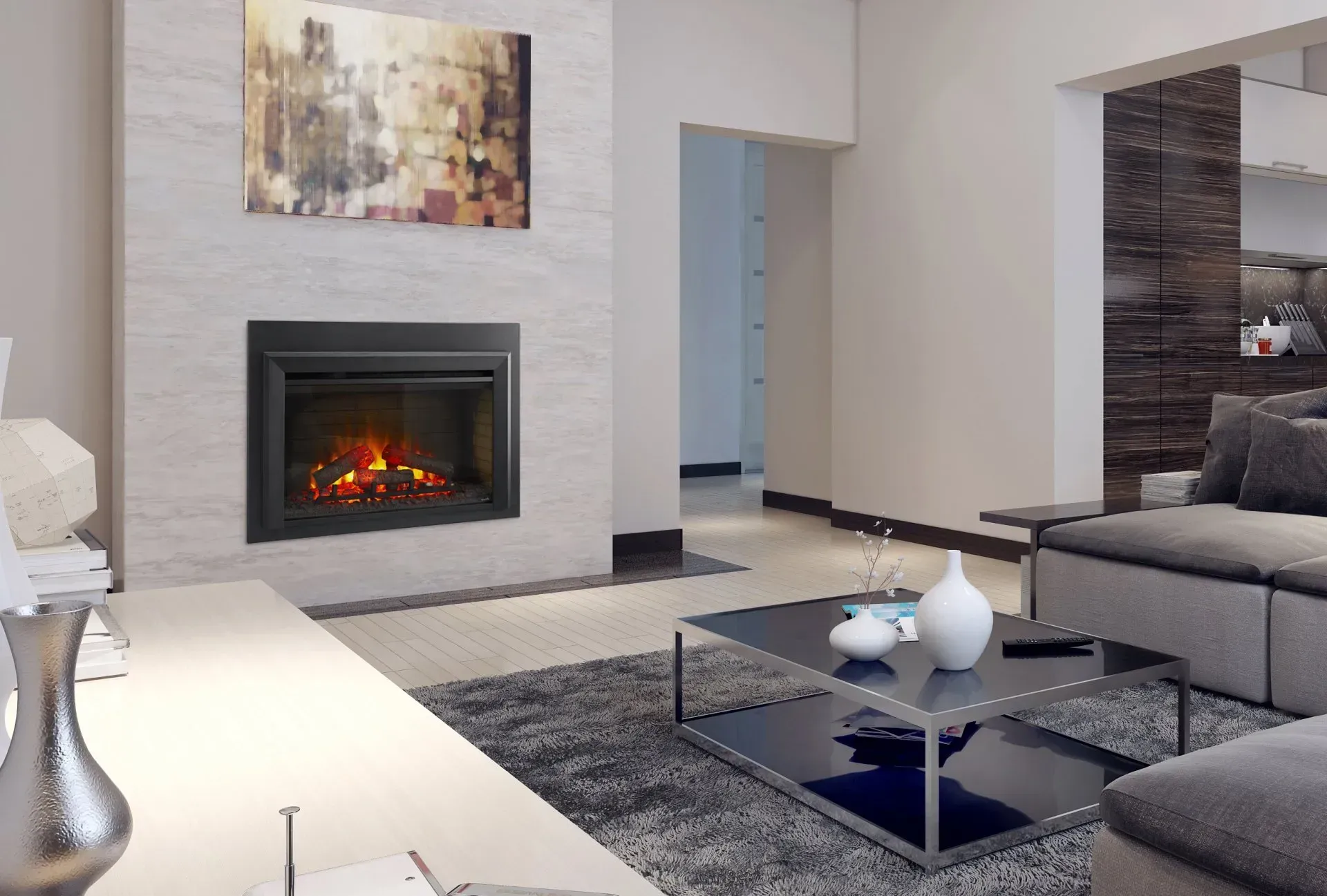 Modern living room with fireplace, sofa, rug, coffee table, and artwork on the wall.