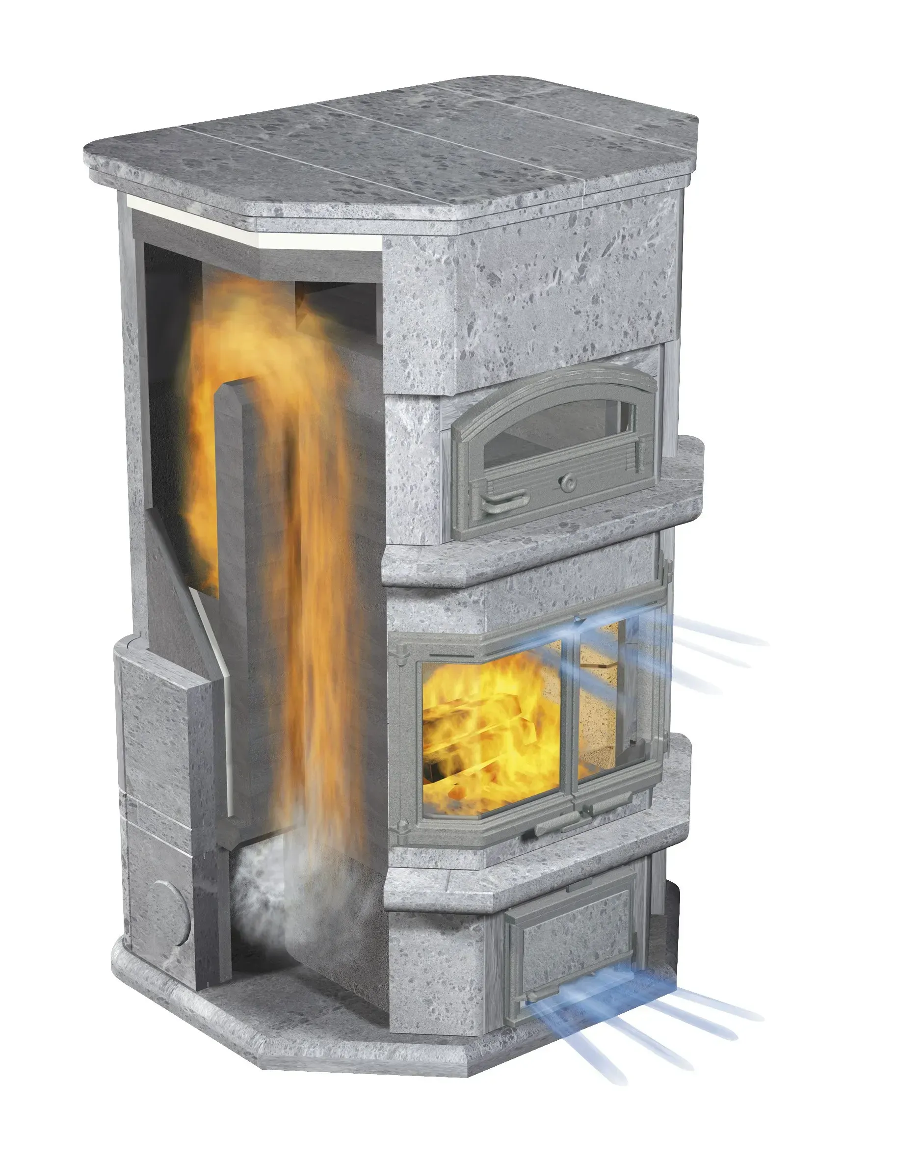 Stone heater with fire and air flow illustration.