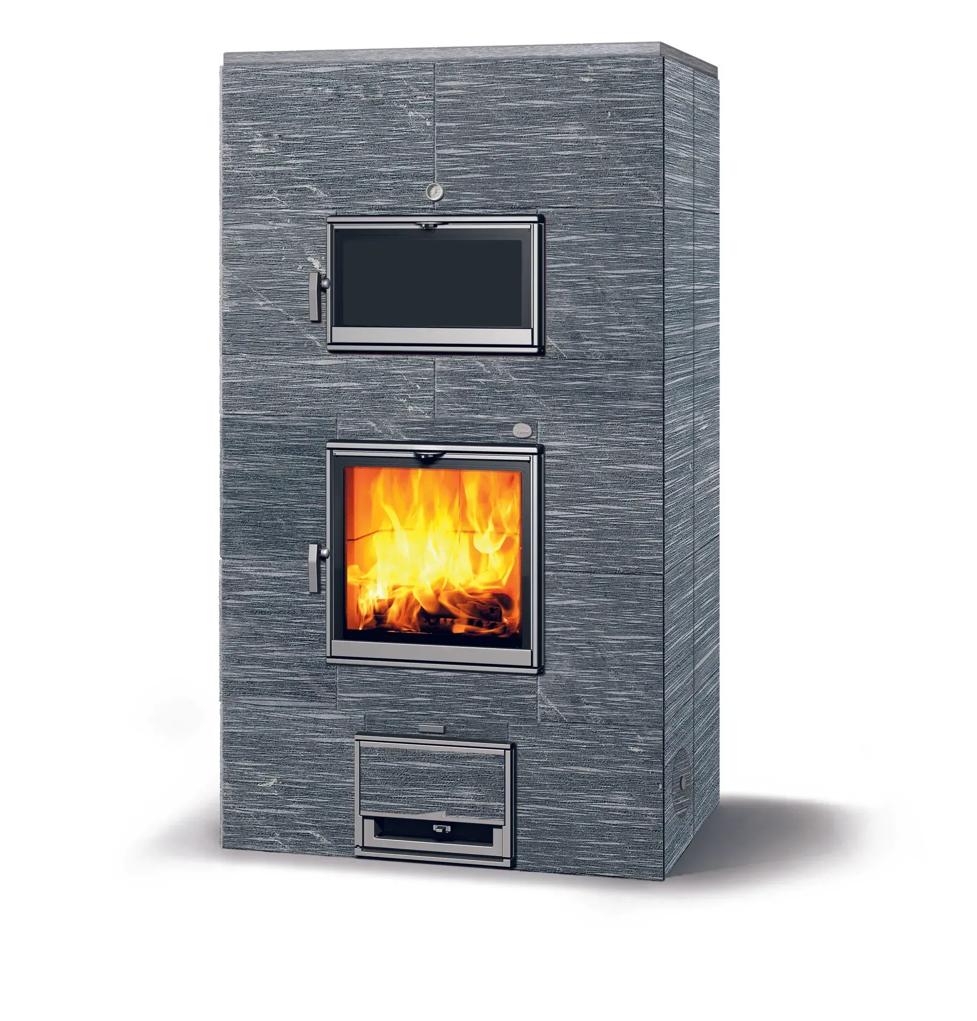 Stone sauna stove with a burning fire in the lower door and a viewing window above.