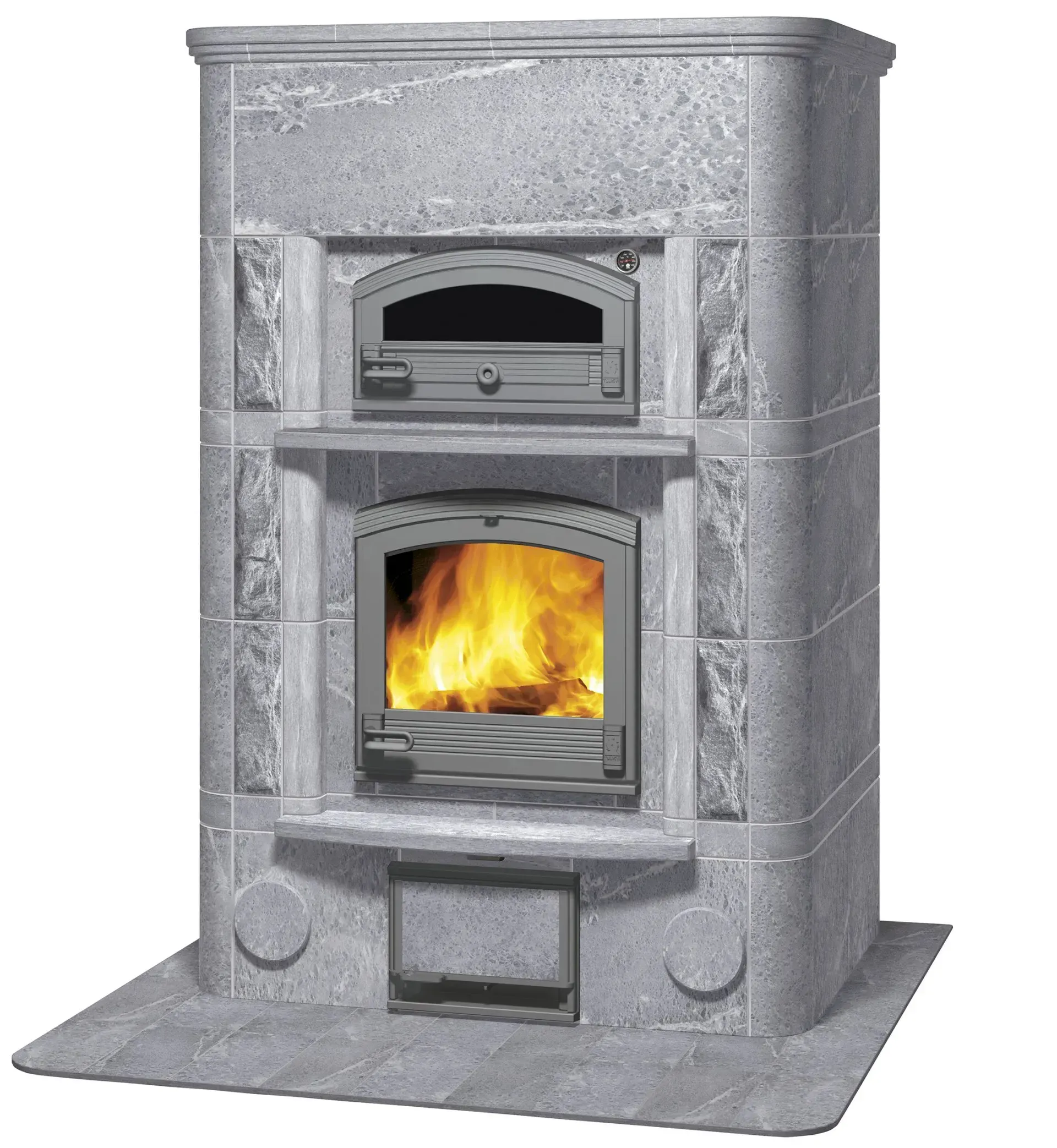 Gray stone masonry stove with burning fire and upper oven.