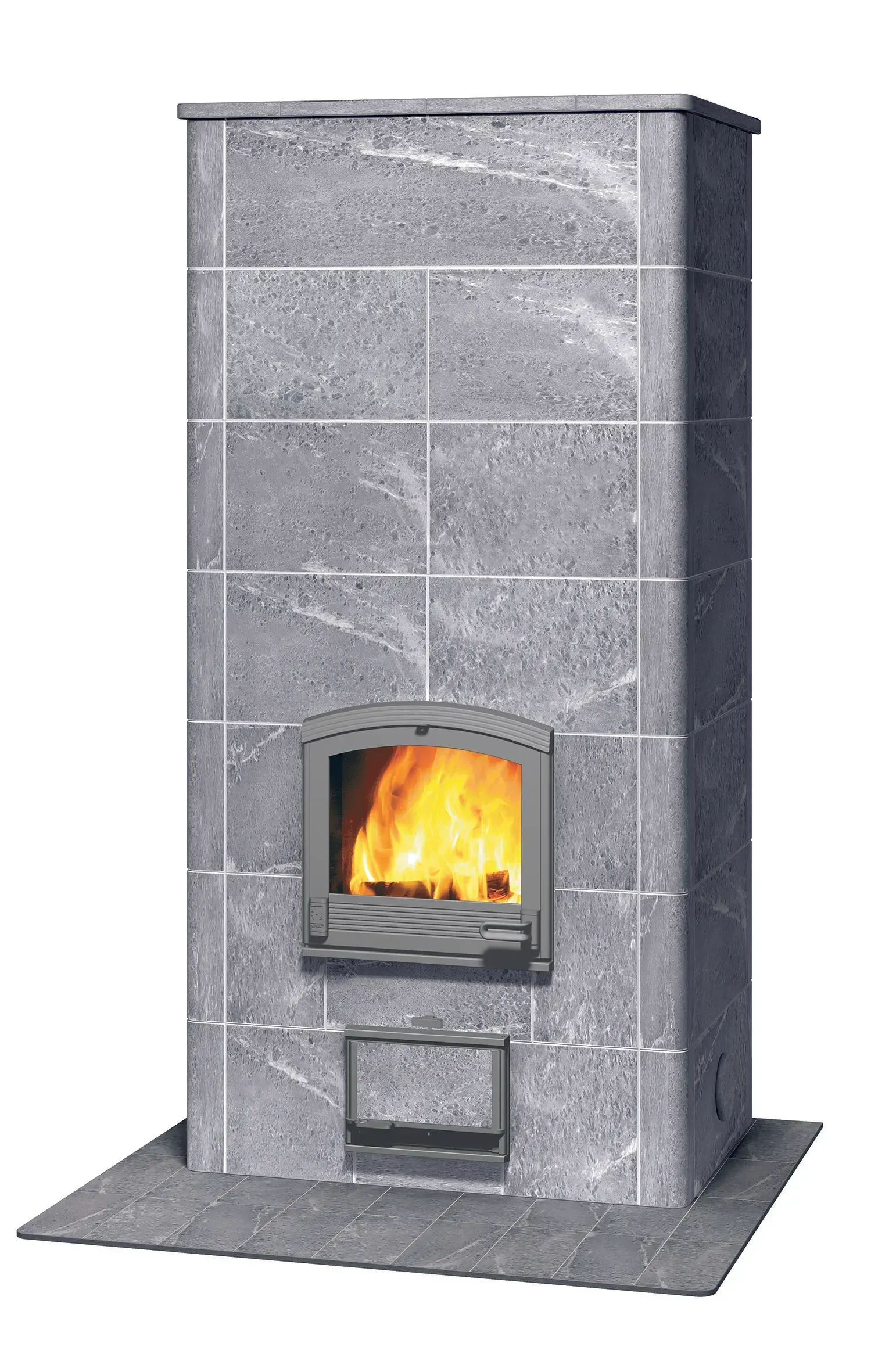 Grey stone fireplace with a lit fire, rectangular design.