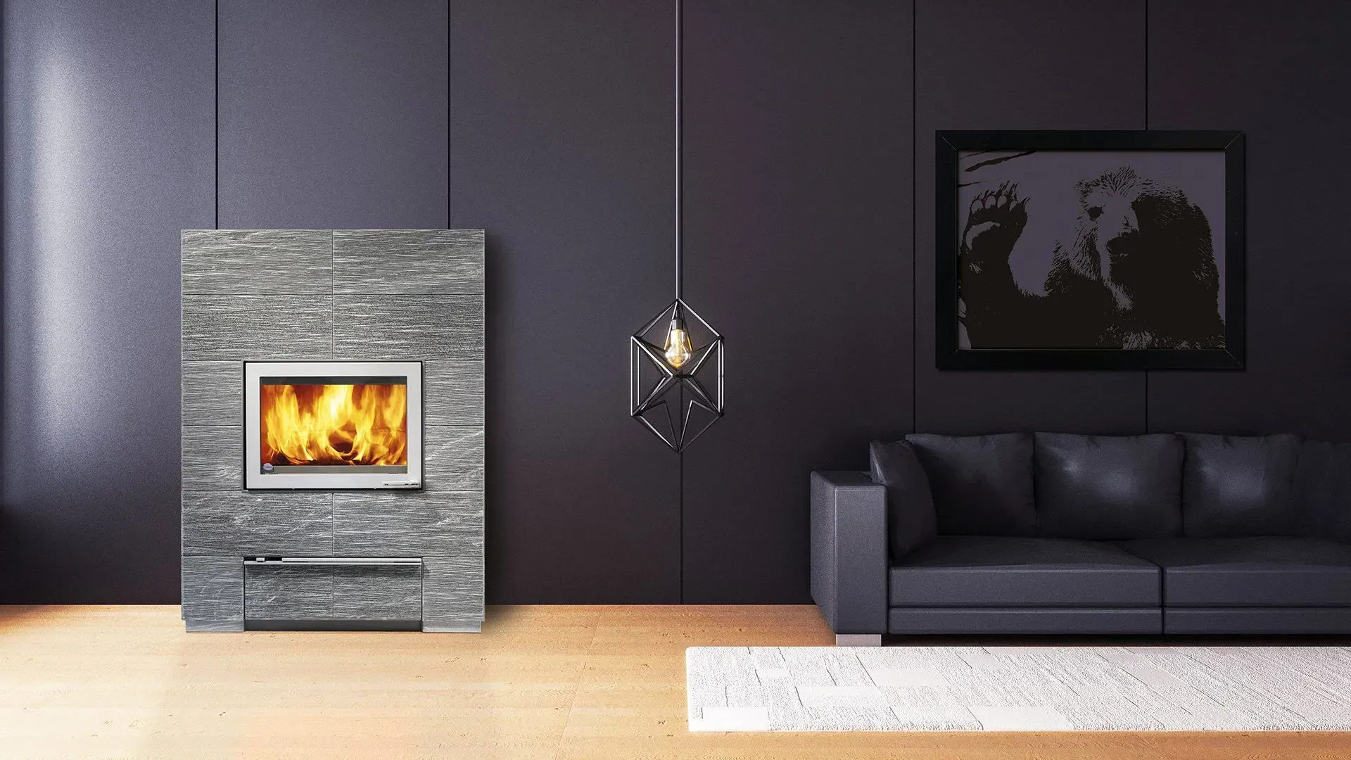 Stone fireplace with burning flames, a black couch, and abstract art on a dark wall.