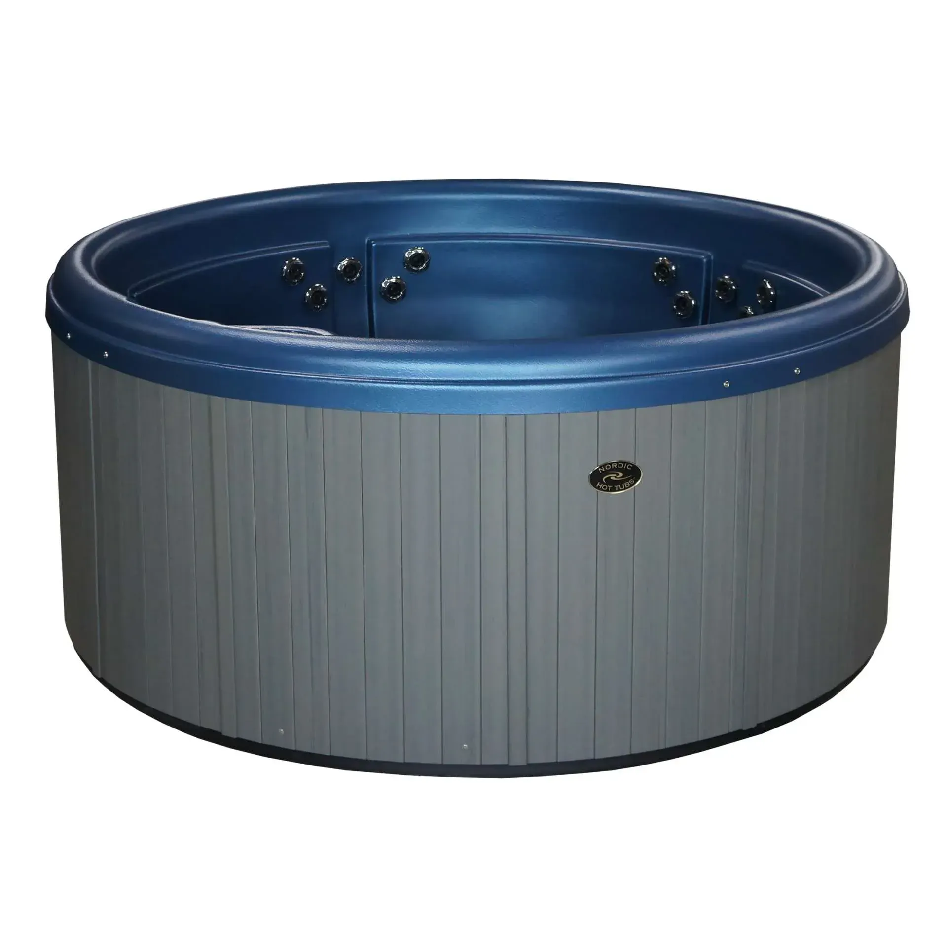 Round gray and blue hot tub.