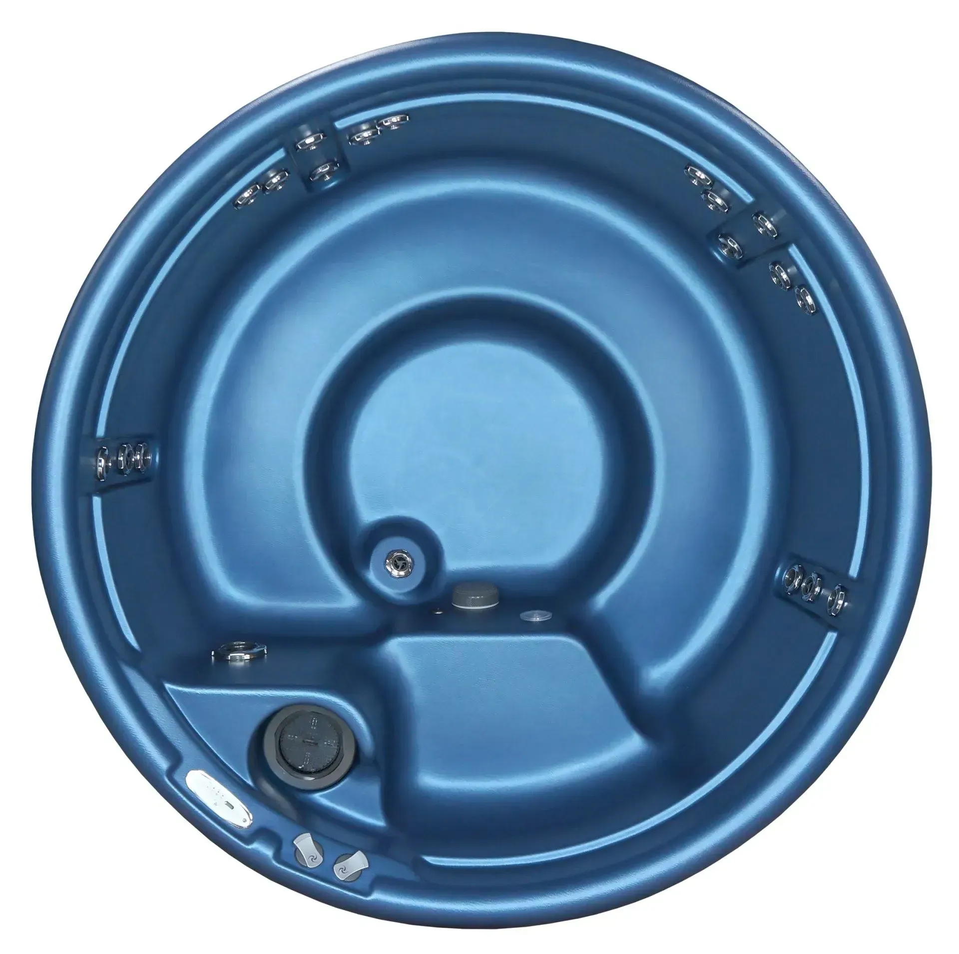 Blue circular hot tub with jets and seating.