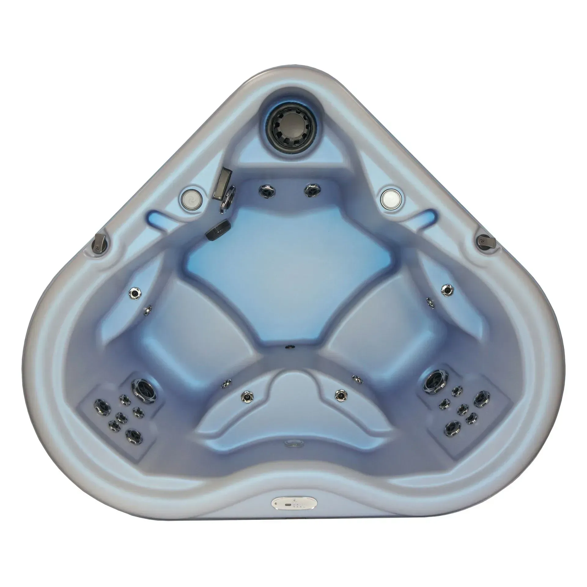 Top-down view of a triangular hot tub with various jet placements and control panels, in shades of blue and white.