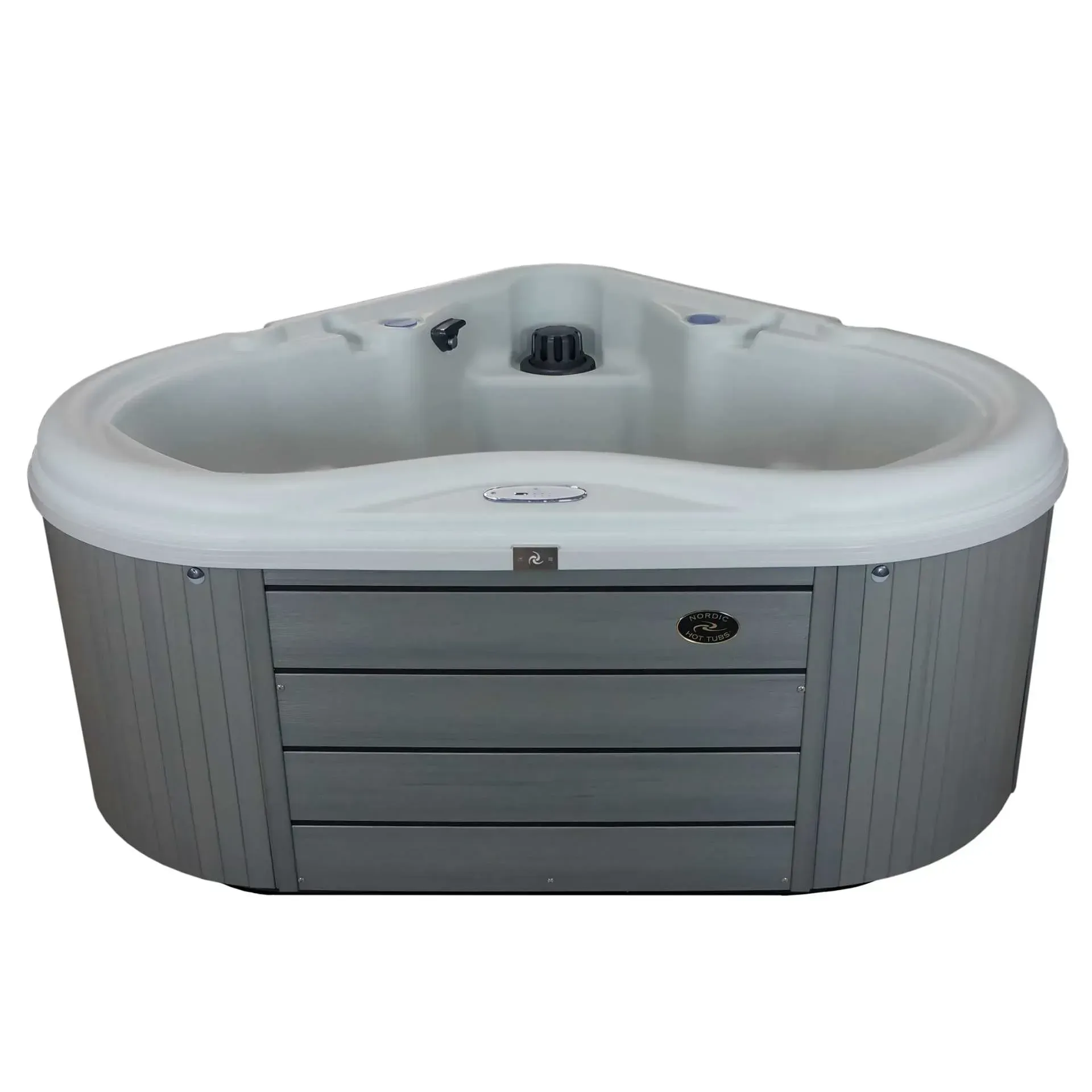 Gray and white hot tub with gray cabinet panels; outdoors.