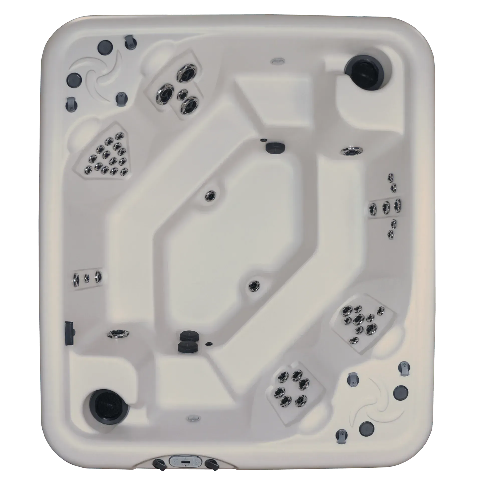 Overhead view of a square beige hot tub with jets, steps, and seating areas.