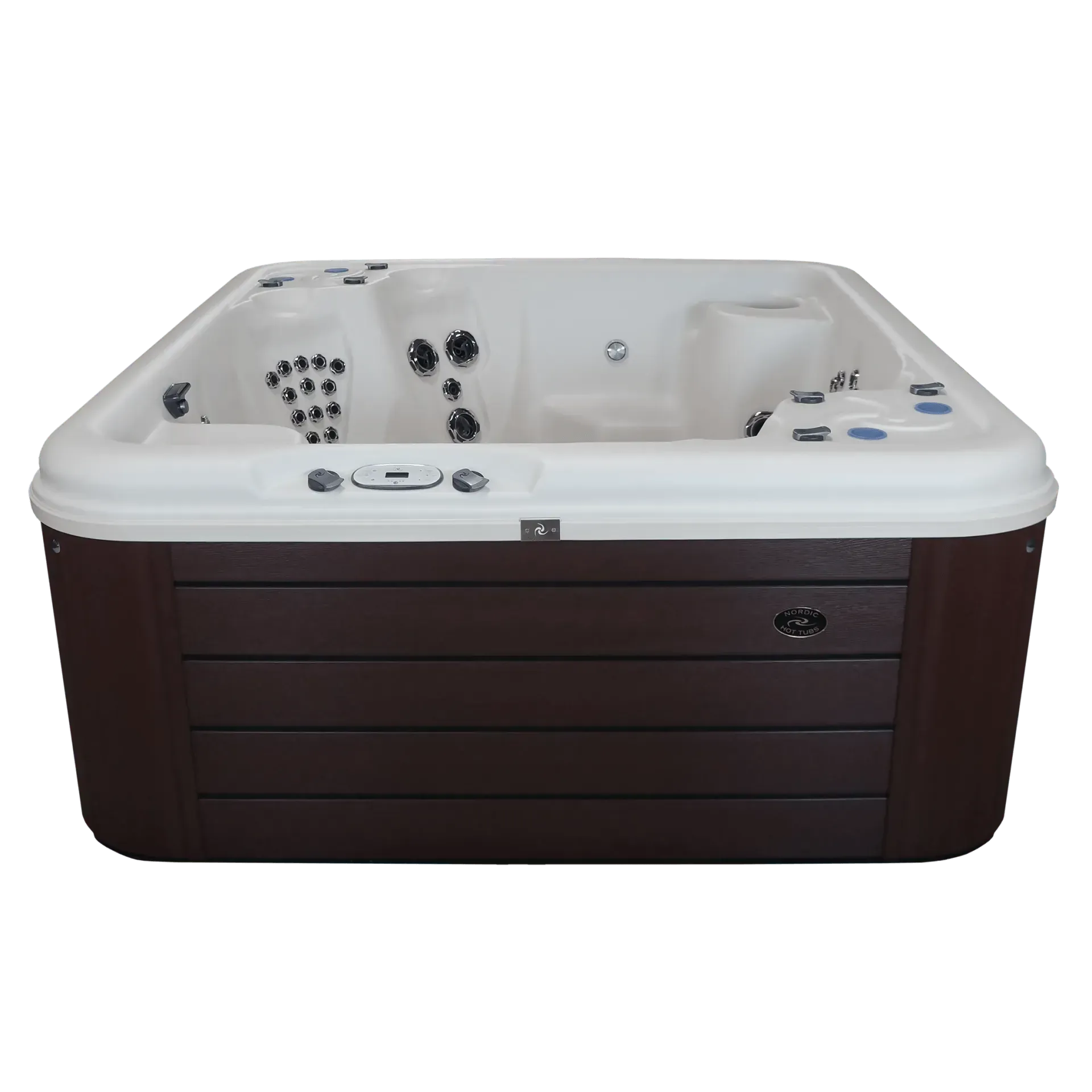 Hot tub with brown siding and white interior.