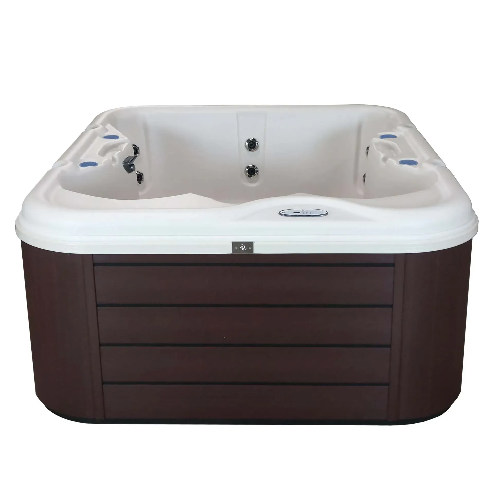 Brown and white hot tub with jets and control panel.