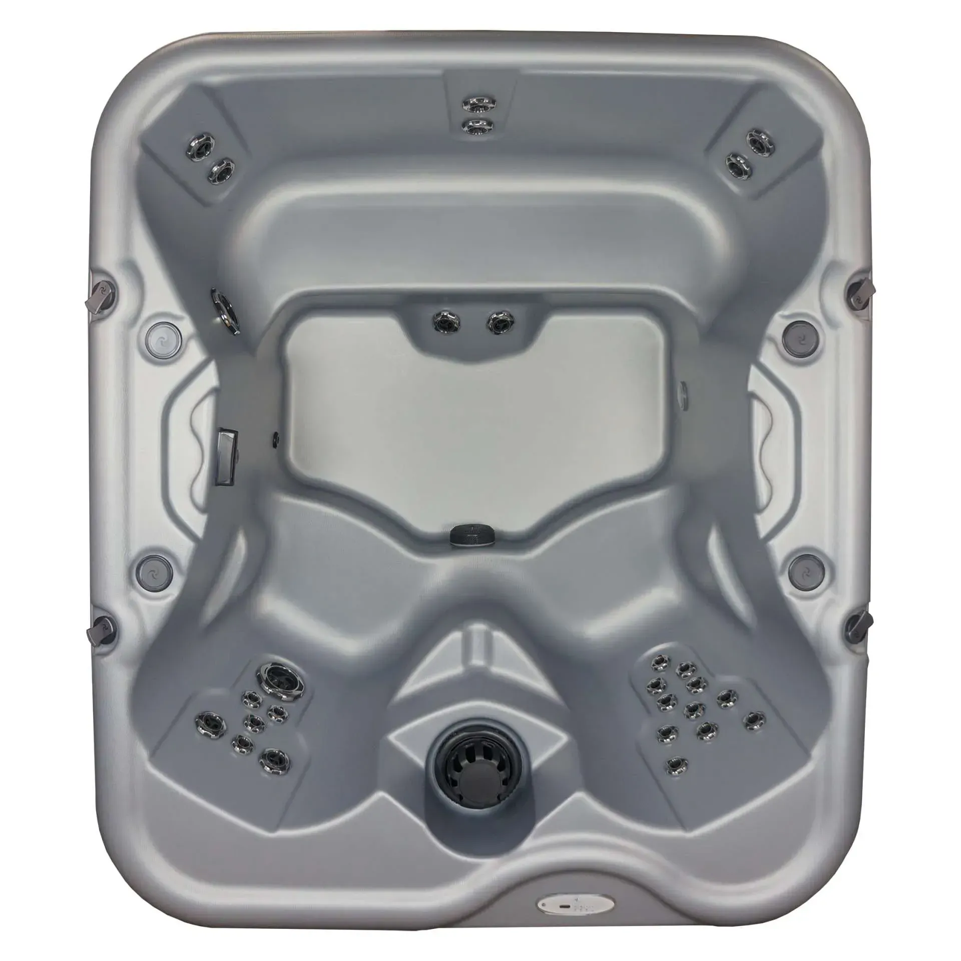 Overhead view of a gray hot tub with several jets and seating areas.