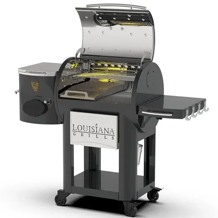 Black Louisiana Grills pellet grill with open lid, side shelf, and hopper on a wheeled cart.