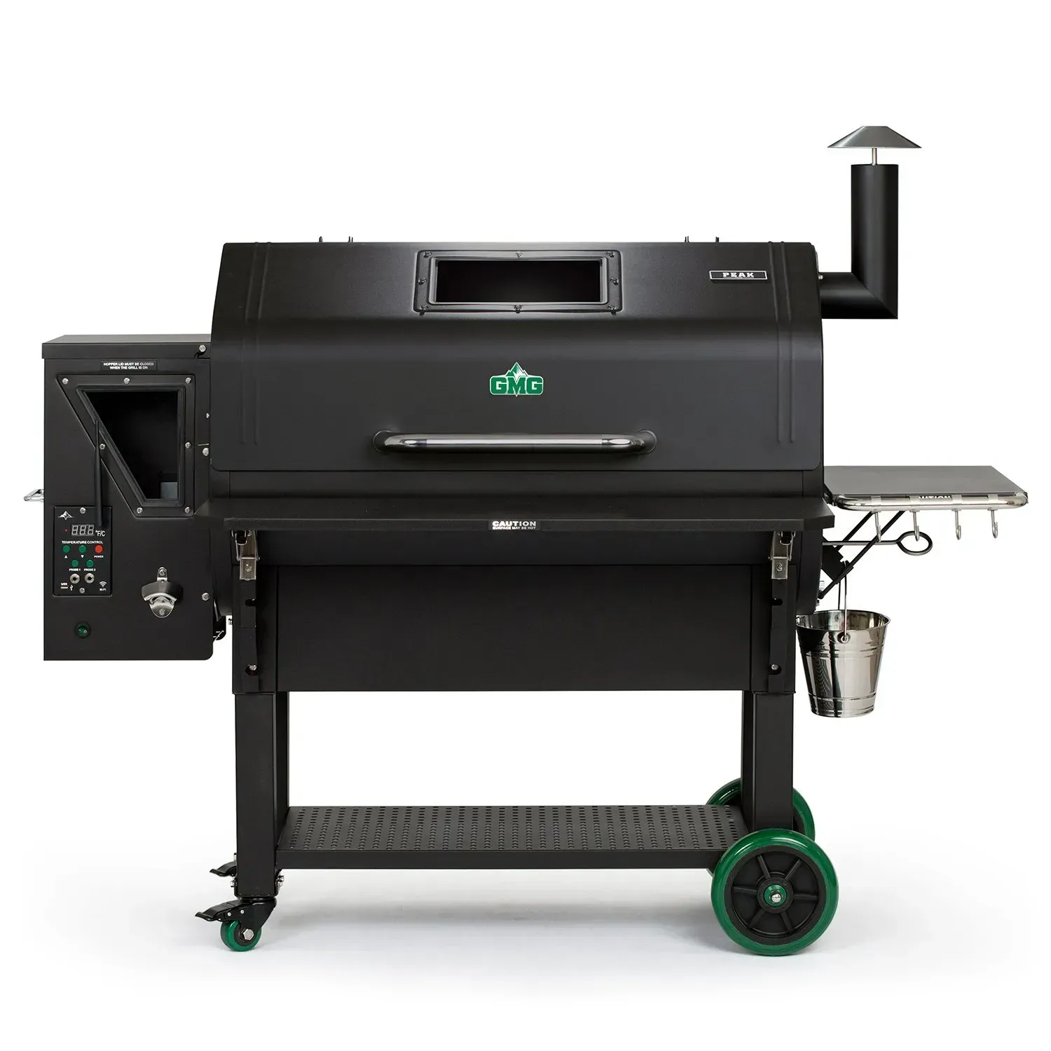 Black pellet grill with a green accent on wheels, stainless steel side shelf, and a chimney.