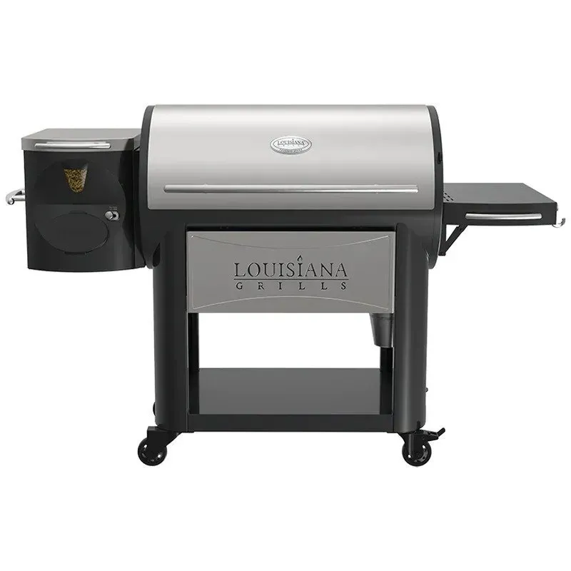 Louisiana Grills pellet grill with a black base, silver lid, and side shelf on a black cart.