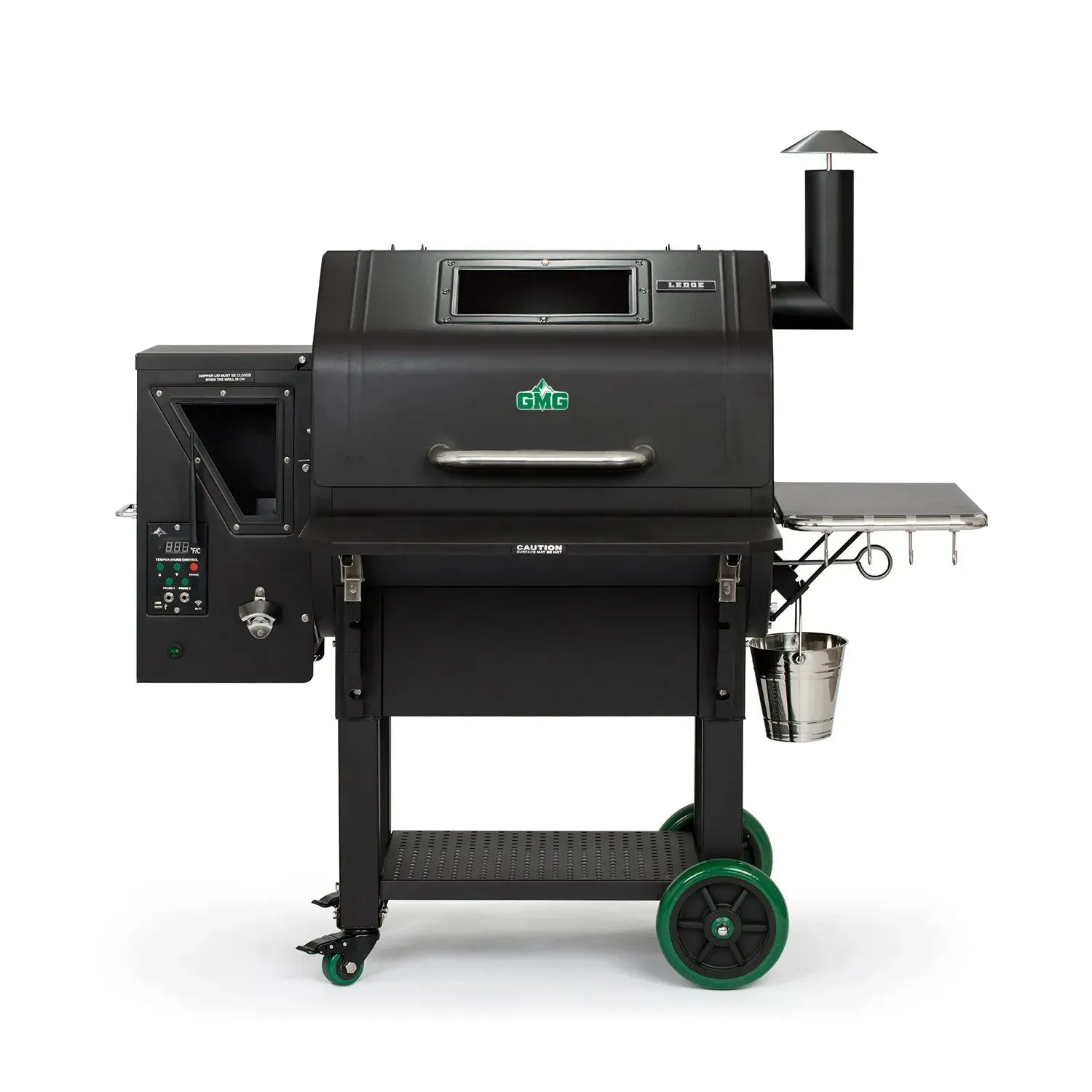 Black Green Mountain Grill smoker with green accents, on a white background.