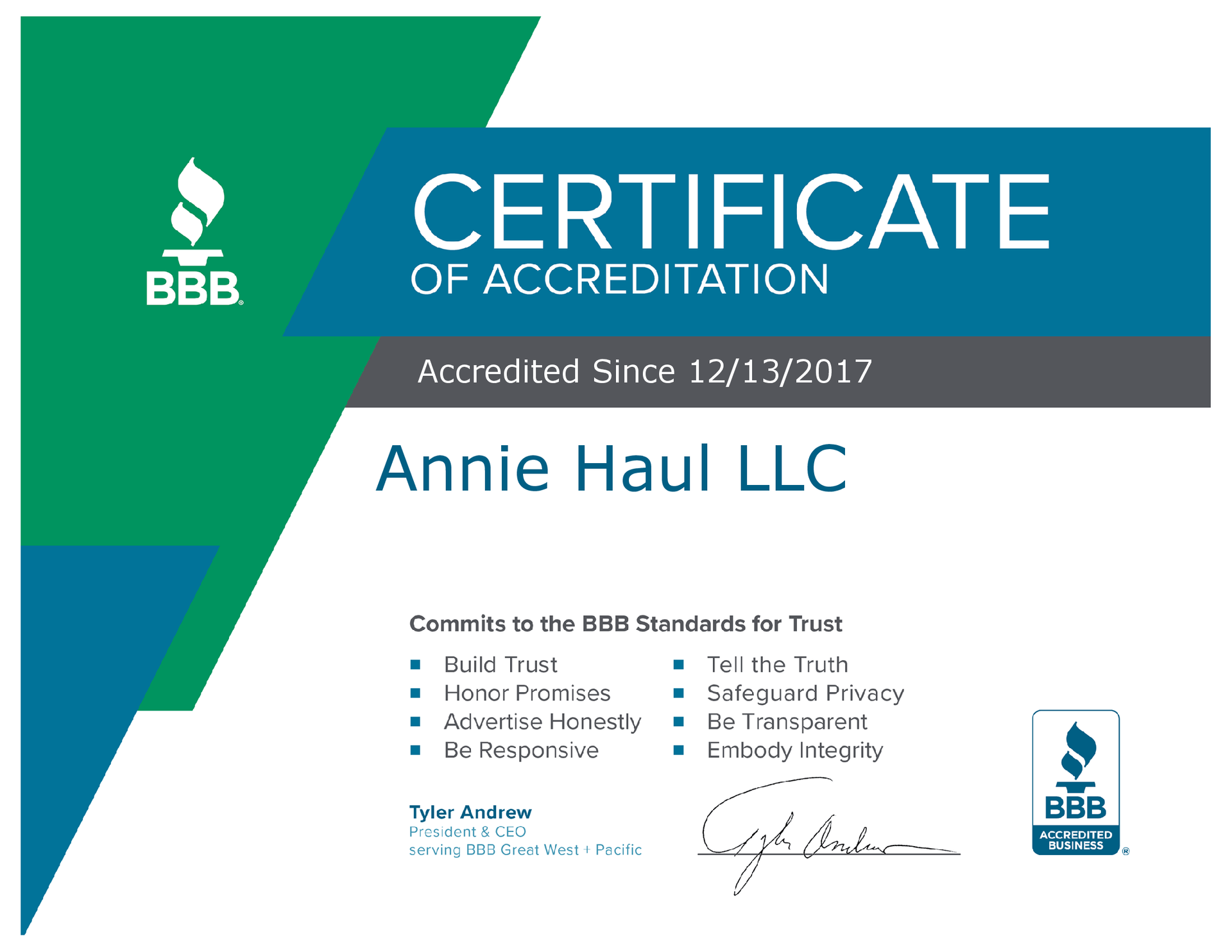 BBB Certification for Annie Haul