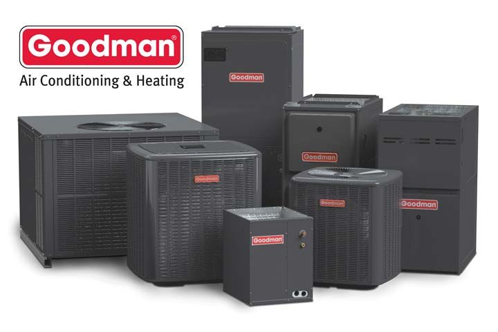 A variety of Goodman air conditioning and heating units are displayed, featuring different sizes and models. The logo is visible above the units.