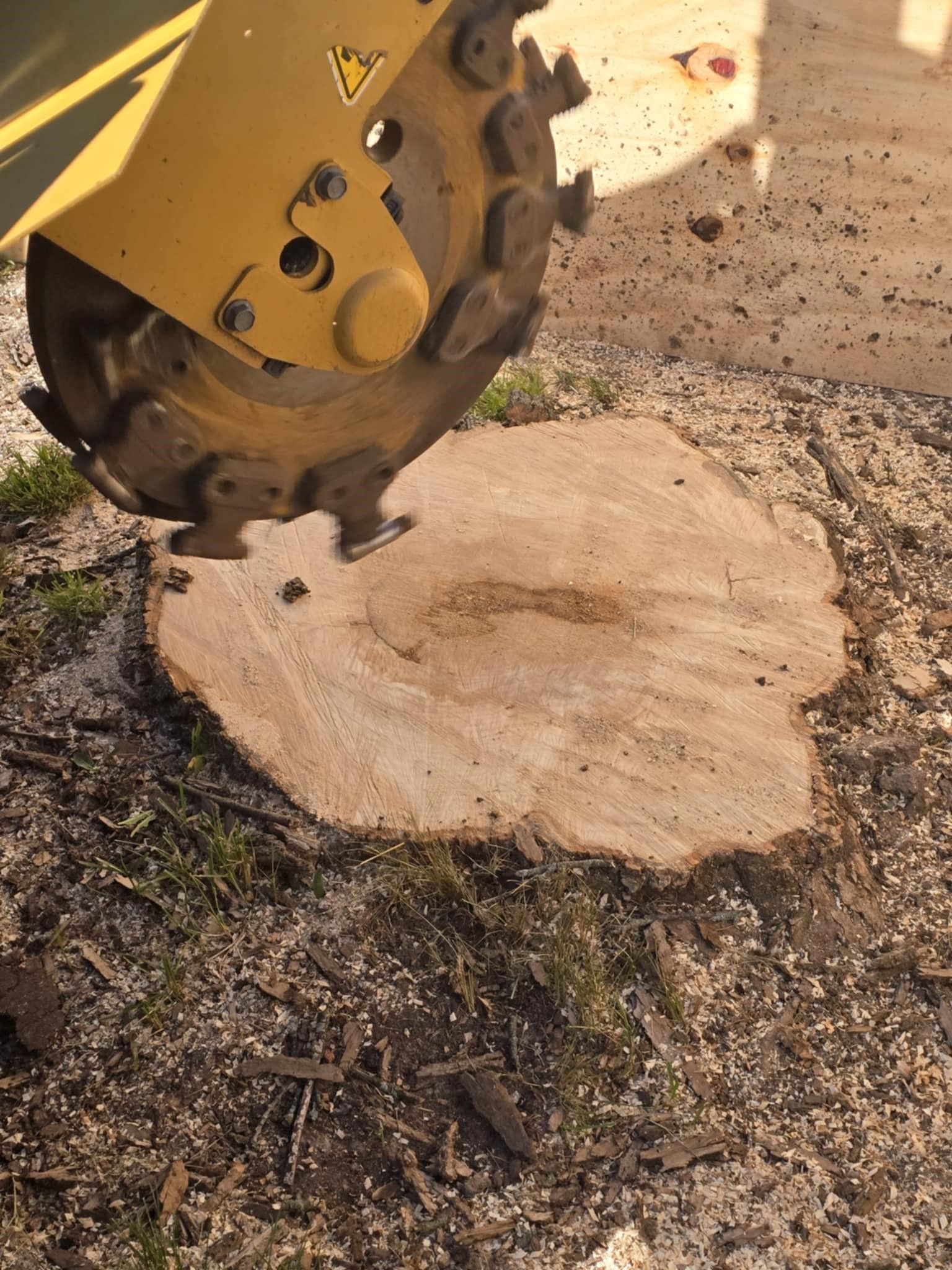 A machine is cutting a tree stump on the ground.