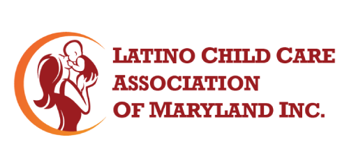 Logo for Latino Child Care Association of Maryland Inc. with red and orange circular parent-and-child icon