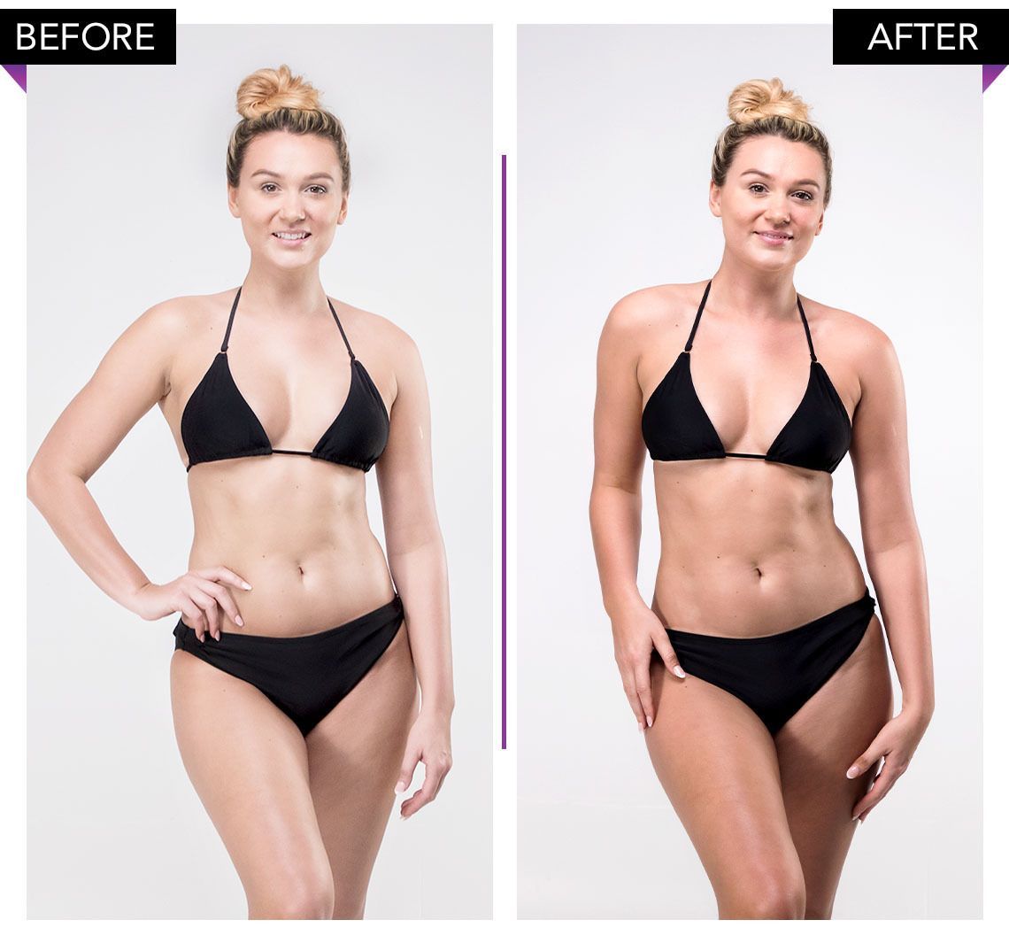 A before and after picture of a woman in a bikini.