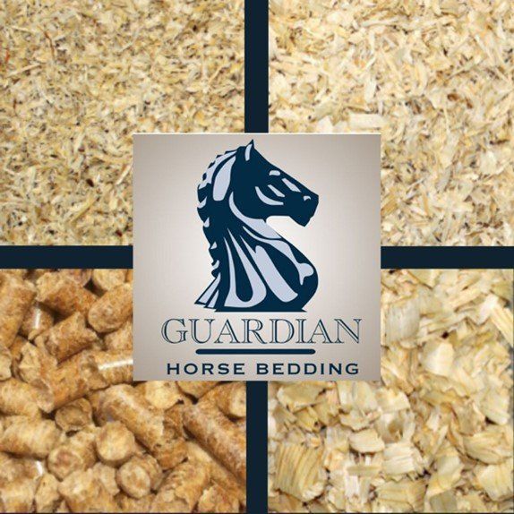 Guardian Horse Bedding logo on a beige wood shavings background with a black horse head icon.