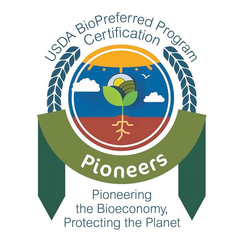 USDA BioPreferred Certification Program Pioneers logo with globe, leaf, clouds, and green ribbon