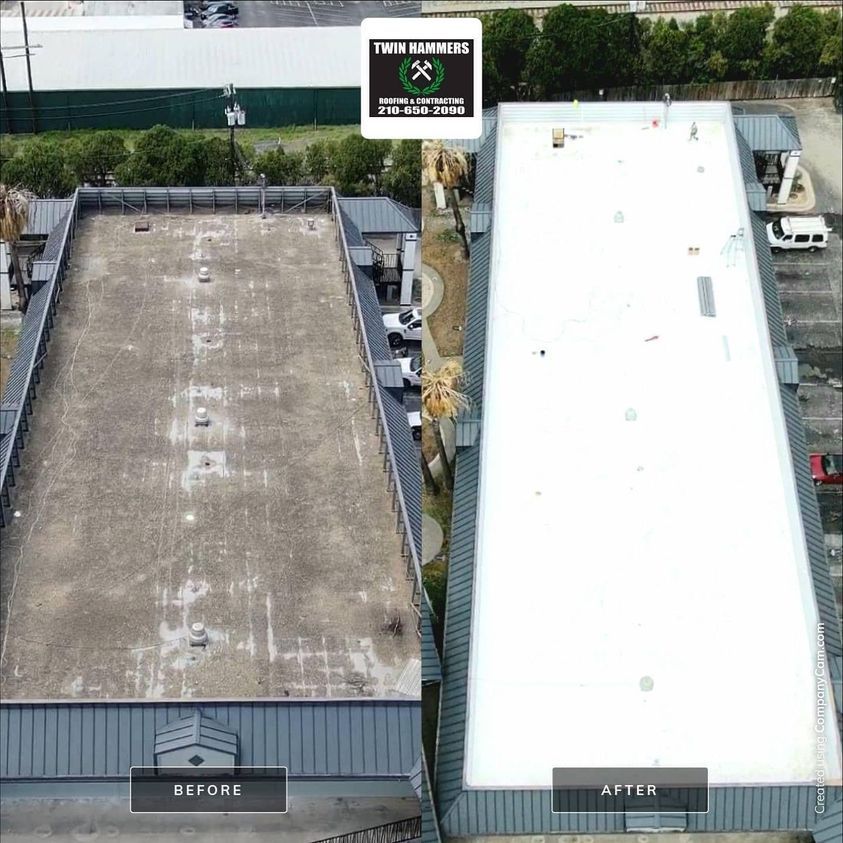 A before and after photo of a brick house