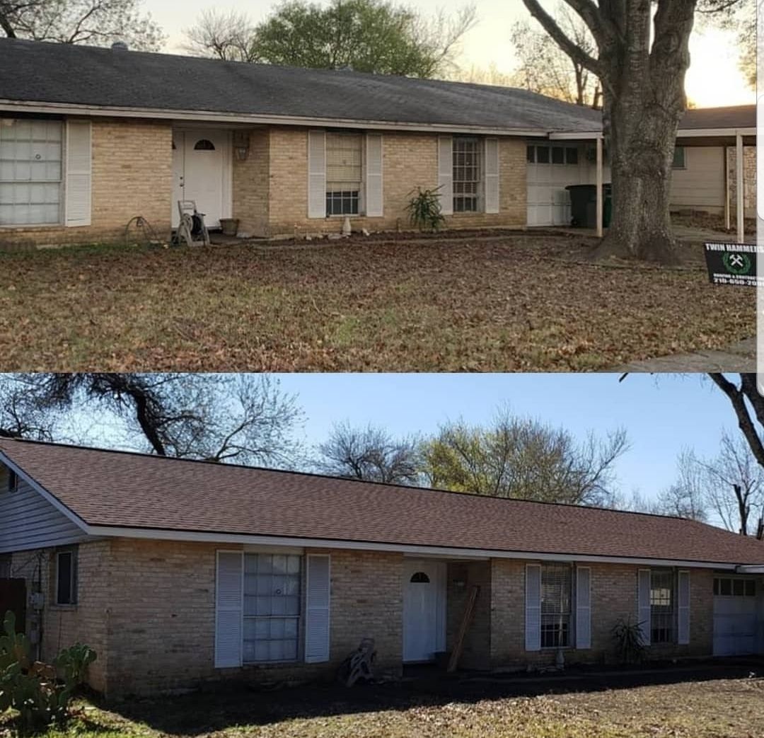 A before and after photo of a brick house