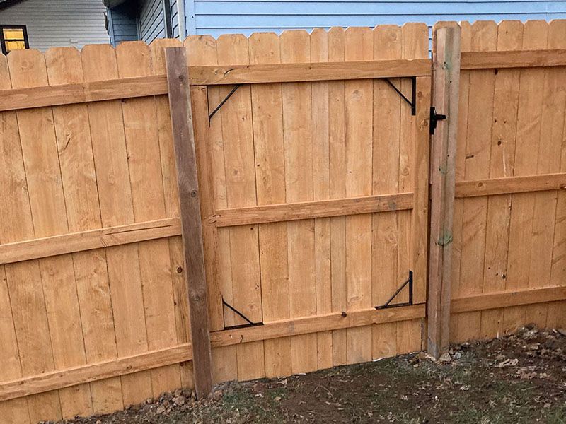 Wooden backyard fence with a hinged gate and diagonal braces
