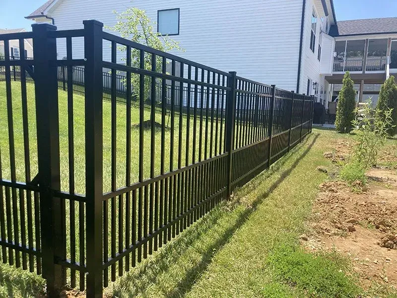 Black metal fence along a sloped grassy yard beside a white house in bright sunlight