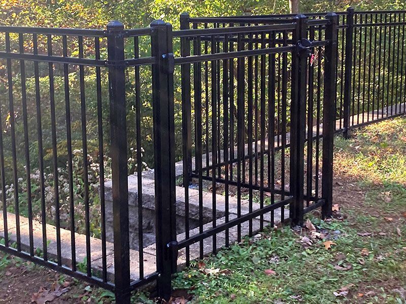 Black metal fence around a small concrete enclosure on a grassy outdoor slope.