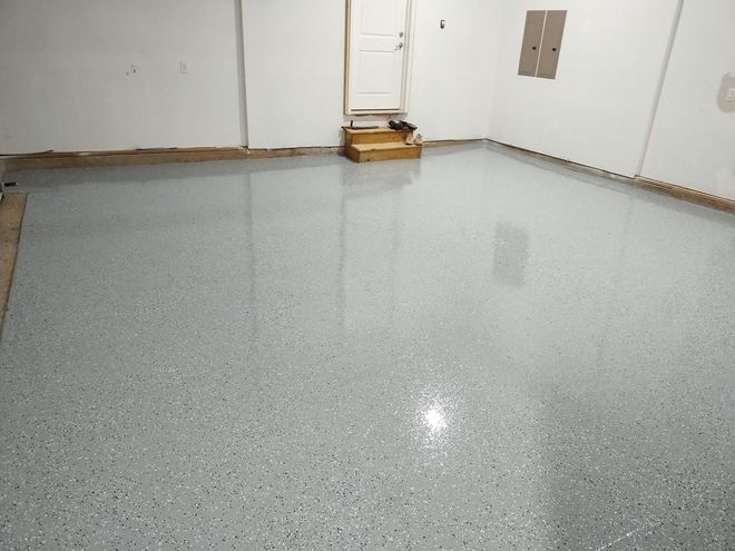 flecked epoxy flooring in room