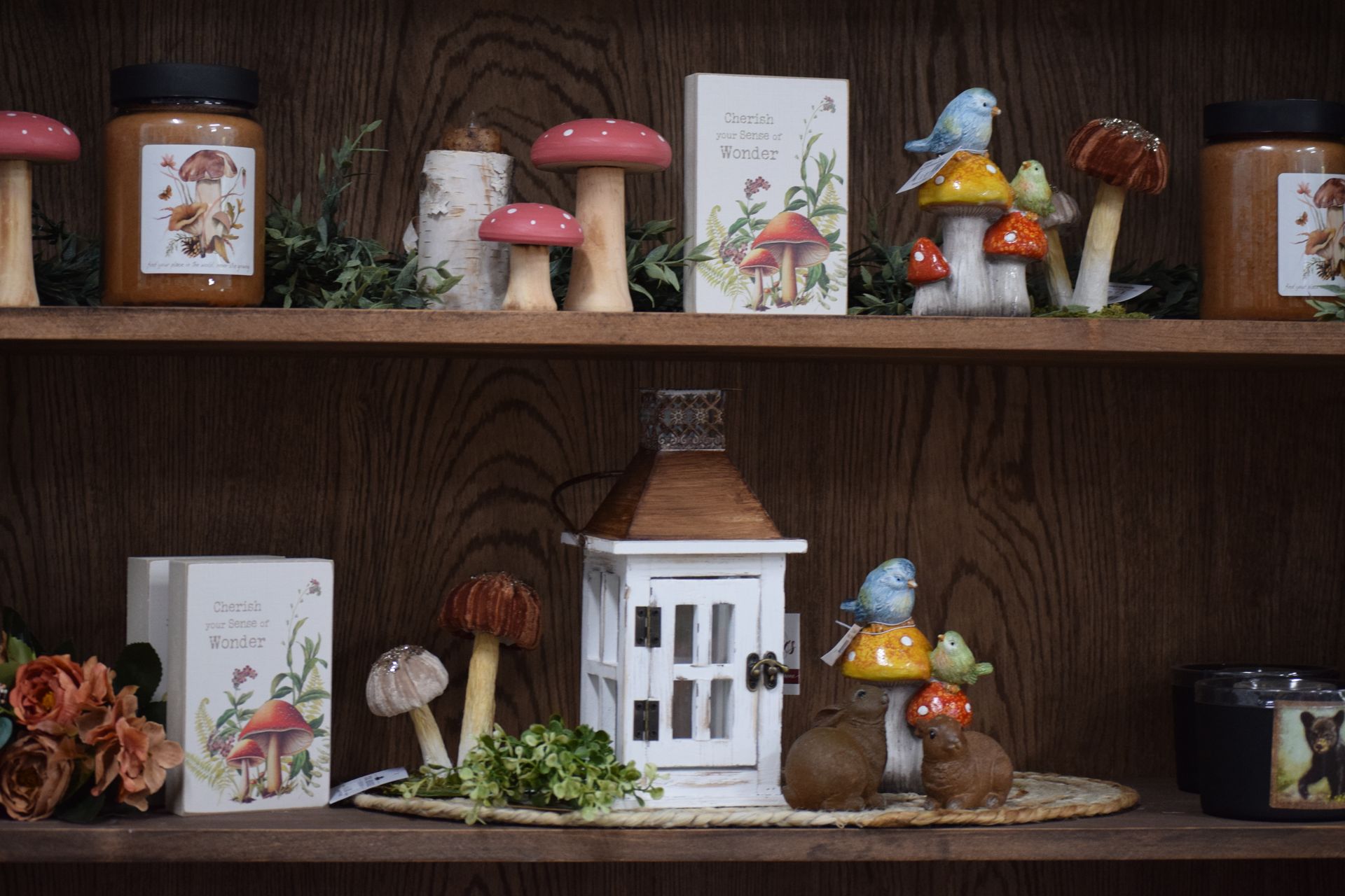A shelf with mushrooms and a lantern on it