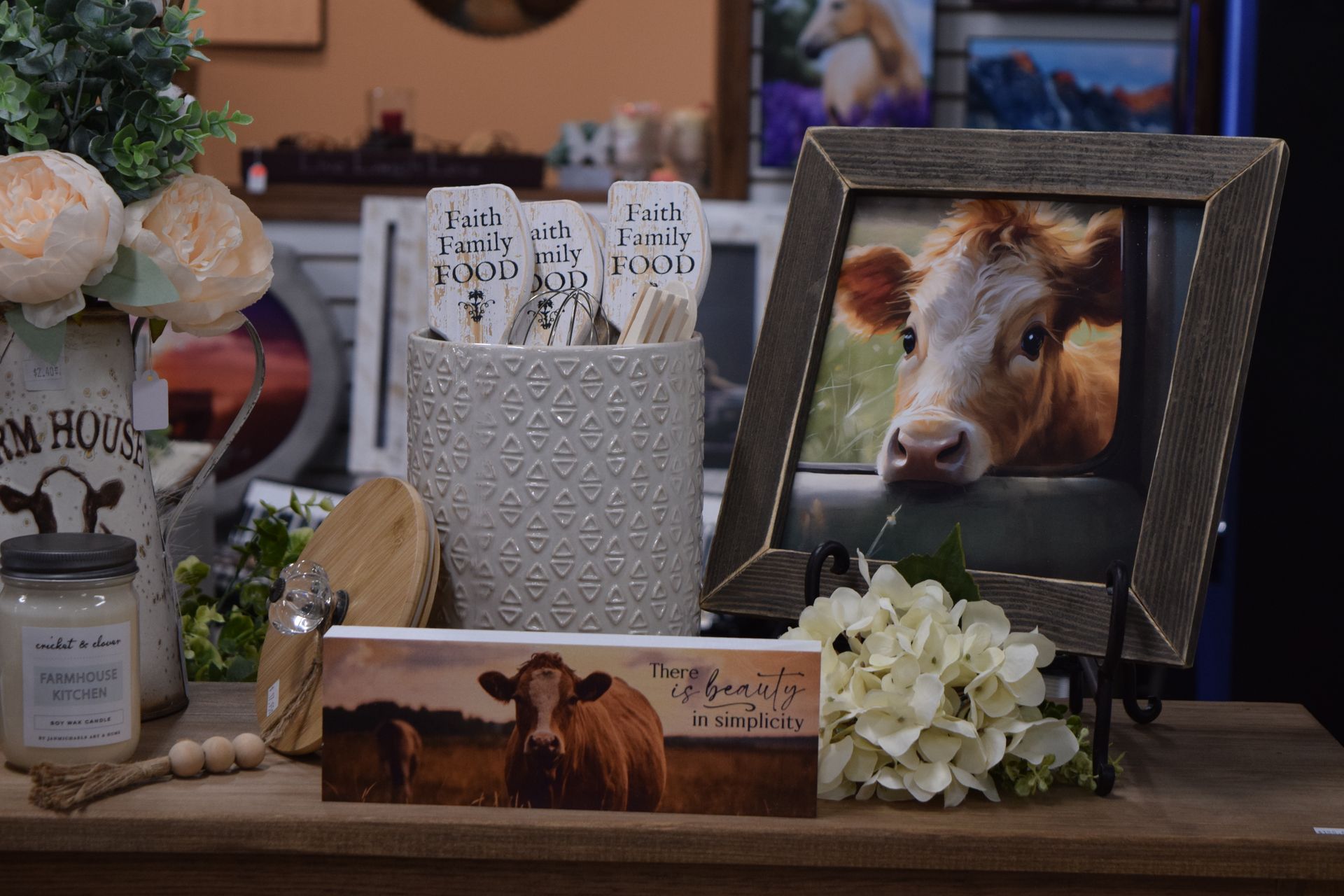 A table with a picture of a cow on it