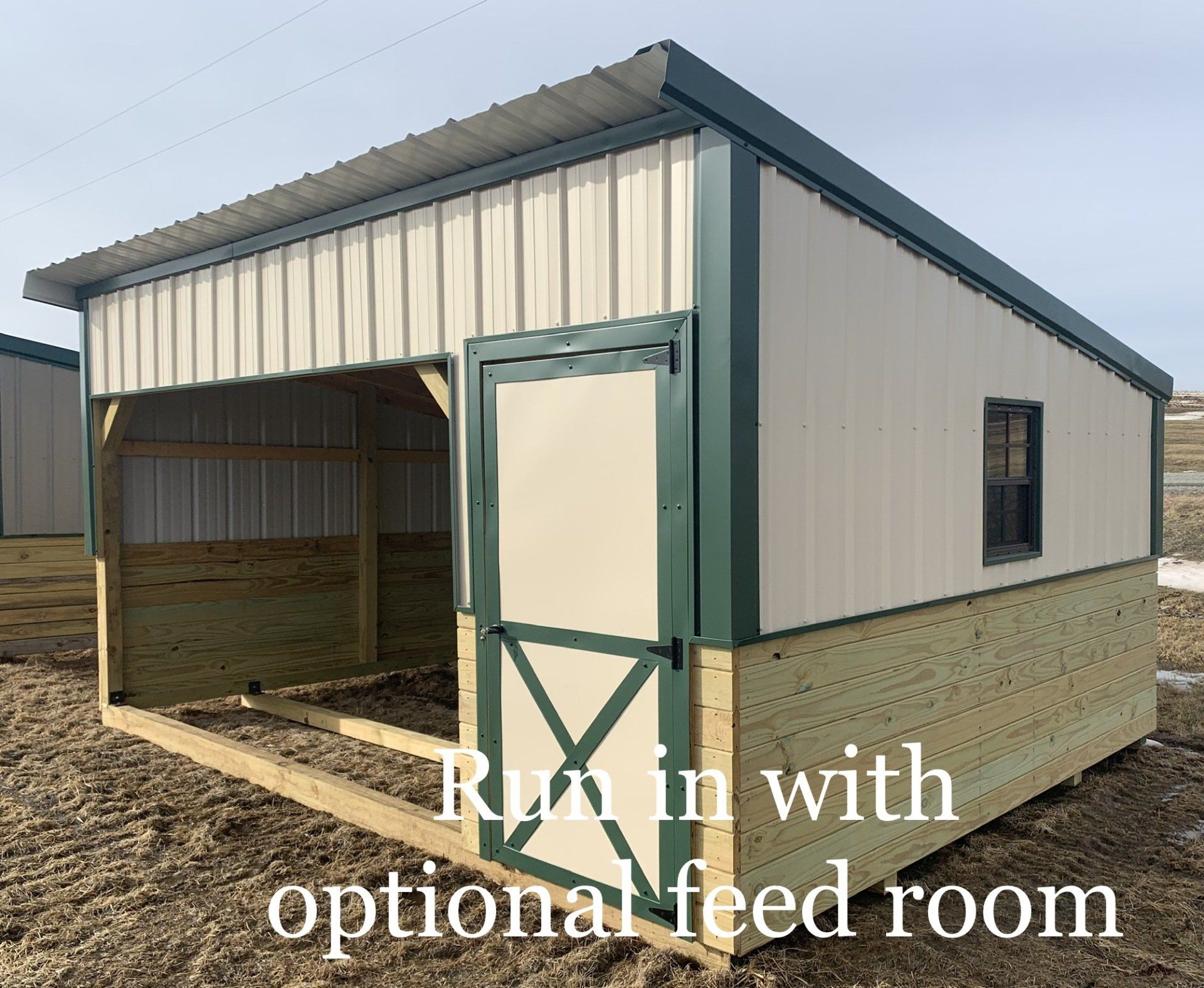 A picture of a shed with an optional feed room