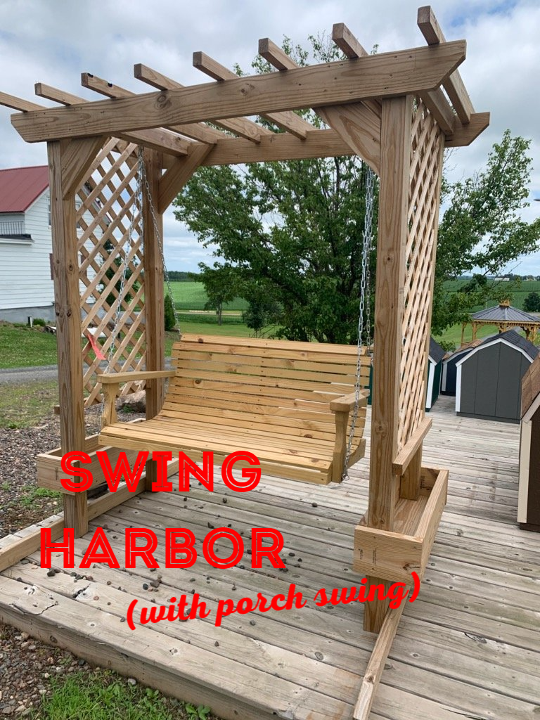 A wooden porch swing with a pergola attached to it.