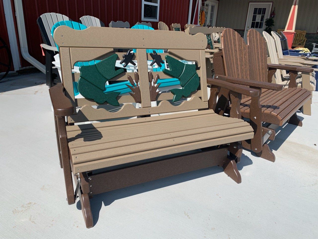 A wooden bench with a frog design on it