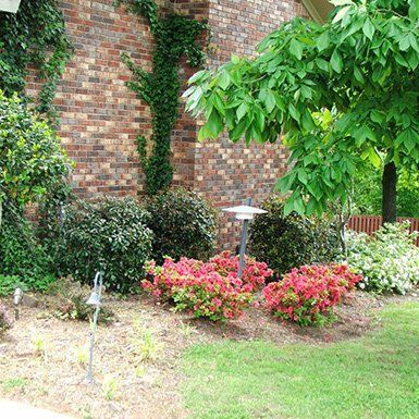 A garden with flowers and trees in front of a brick building.