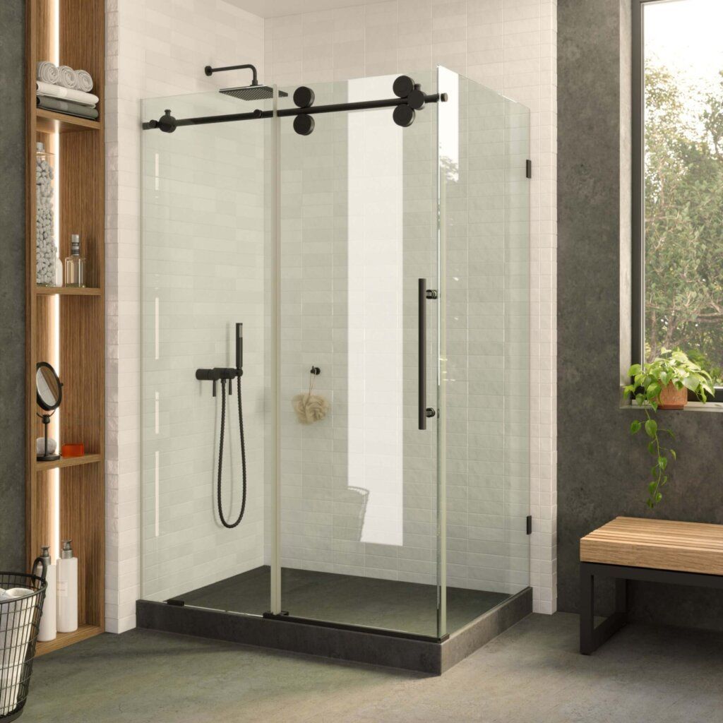 Black and white bathroom with a shower, bathtub, toilet, and wooden cabinets.