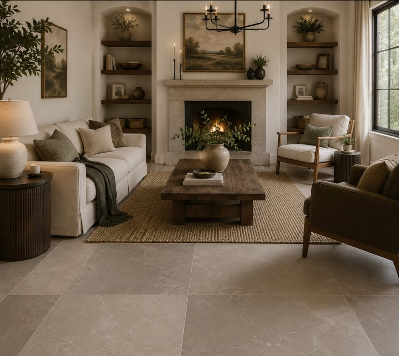 Cozy beige living room with fireplace, sofa, armchairs, coffee table, and large windows