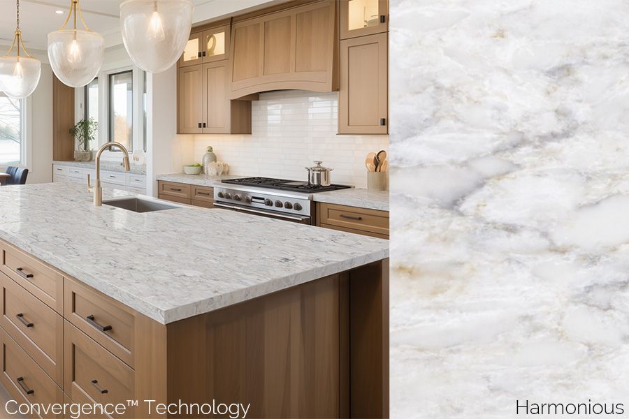 Geometric tile pattern with light and dark gray terrazzo and off-white marble in a repeating design.